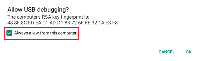 Cửa sổ xác nhận để cho phép gỡ lỗi USB trên Chromebook