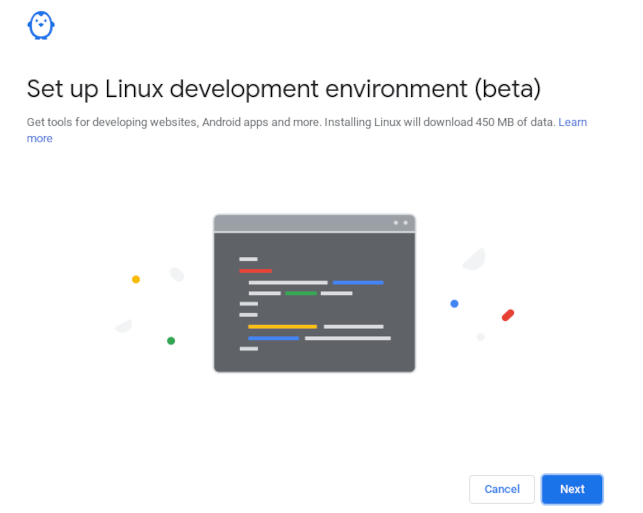מסך אישור סביבת פיתוח לינוקס ב-Chromebook
