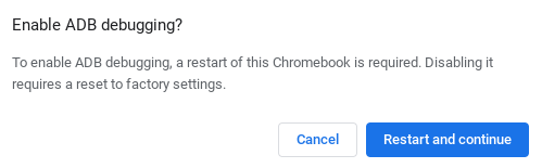 Màn hình xác nhận để bật gỡ lỗi Android trên Chromebook