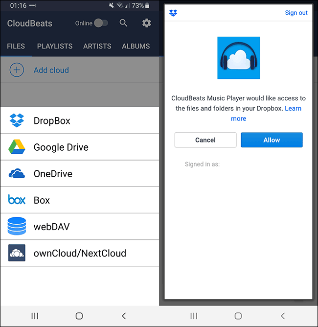 Cloudbeats Android App na nagpapakita ng Dropbox Authentication Options