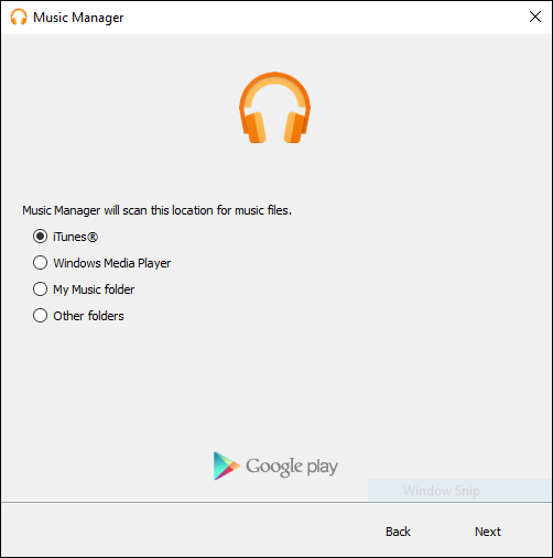 Screen ng Pag-setup ng Pre-Scan ng Google Play Music Manager