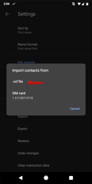 Mengimpor file VCF di kontak Android