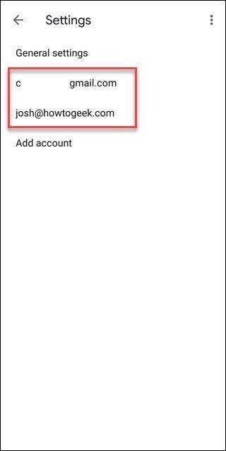Trang Cài đặt Gmail với hộp xung quanh tài khoản email
