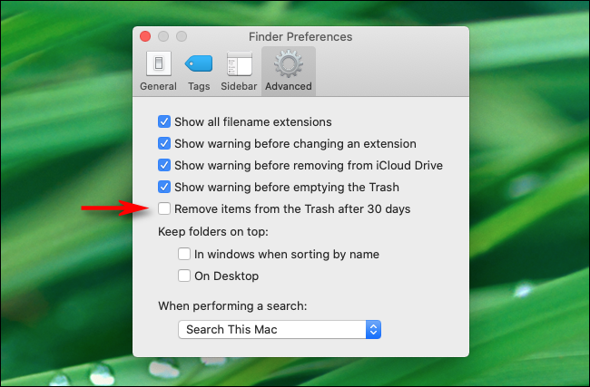 Aktivieren Sie die Option Elemente nach 30 Tagen aus dem Papierkorb entfernen in den Finder-Einstellungen auf dem Mac