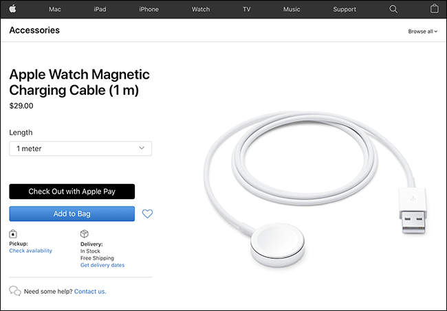 cable de carga del reloj de Apple en el sitio web de Apple