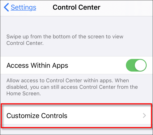 Πατήστε Προσαρμογή στοιχείων ελέγχου στις Ρυθμίσεις iOS