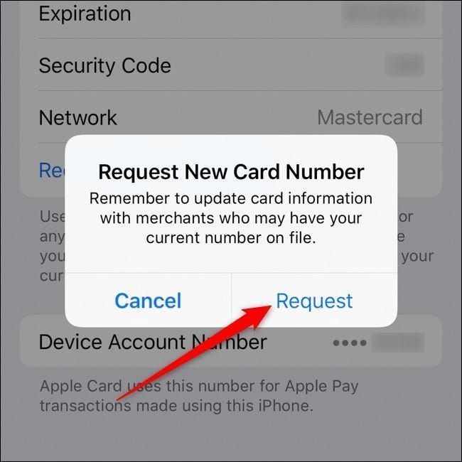 طلب بطاقة iPhone Apple لتأكيد رقم البطاقة الجديد
