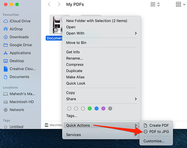 Select Quick Actions>PDF to JPG in Finder.