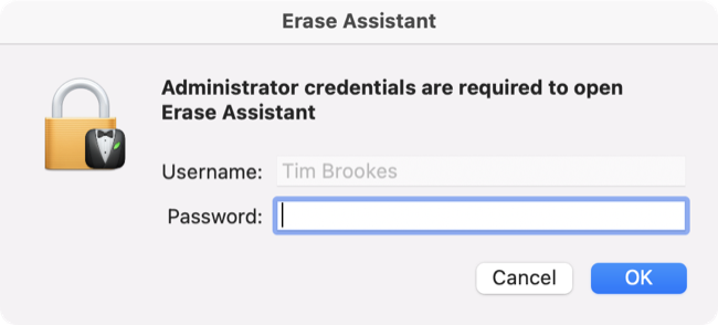 Ερώτηση ελέγχου ταυτότητας του MacOS Erase Assistant