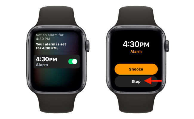 Pengguna Apple Watch menetapkan penggera menggunakan Siri.