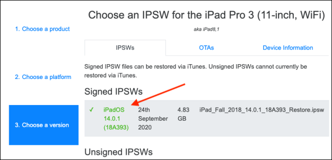 Izberite najnovejšo podpisano različico datoteke IPSW.