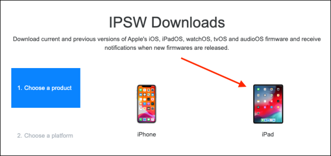 Izberite svojo napravo na spletnem mestu IPSW.