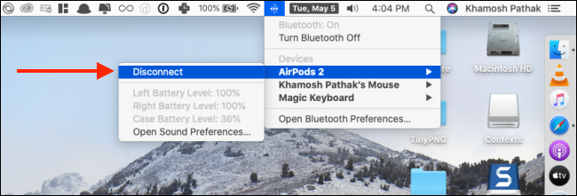 انقر فوق قطع الاتصال بـ من قائمة AirPods Bluetooth على نظام Mac