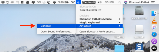 انقر فوق اتصال من قائمة AirPods في Bluetooth