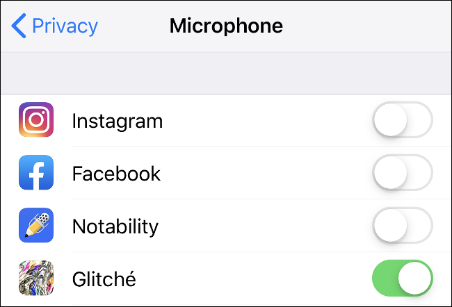 Tetapan Mikrofon di bawah tetapan Privasi pada iOS.
