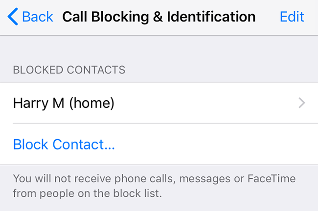 Užblokuotų kontaktų sąrašas iPhone.