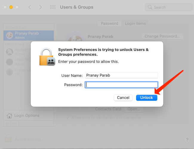Unesite lozinku svog korisničkog računa na Macu i kliknite