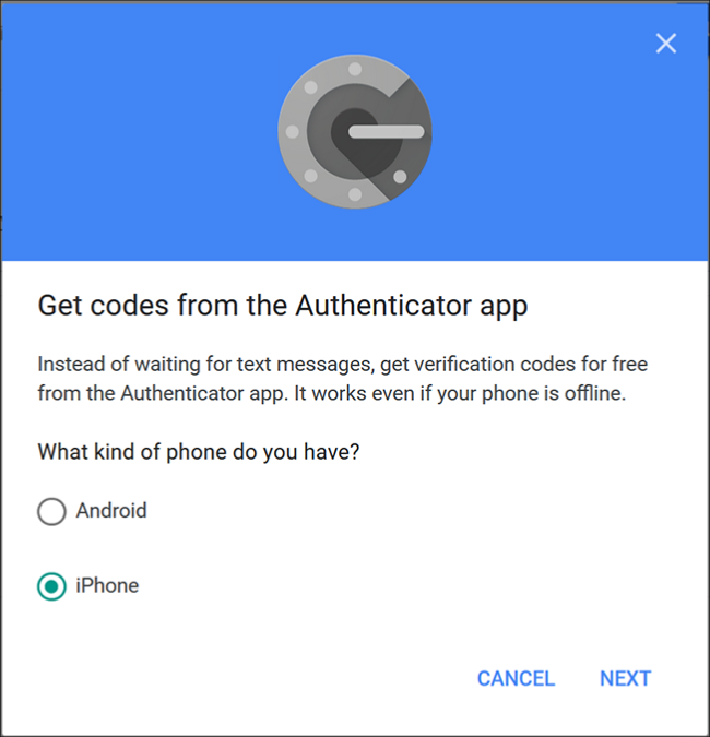 Екранът на Google Authenticator, където изберете