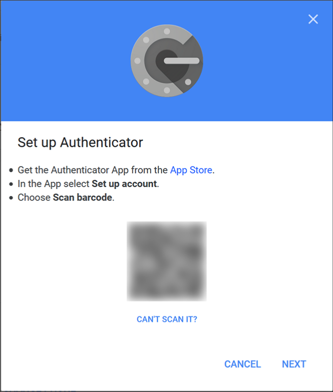 Екранът на Google Authenticator, където сканирате QR кода с помощта на приложението на телефона си.