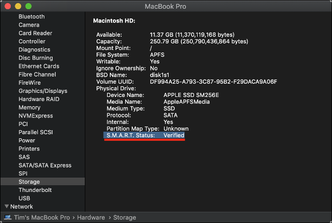 Pregled sustava macOS Provjera ispravnosti SSD-a.