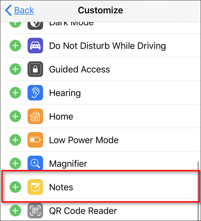 إضافة ملاحظات إلى مركز التحكم على iOS