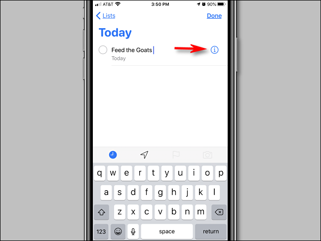 Tippen Sie auf die Info-Schaltfläche in der Erinnerungen-App auf dem iPhone