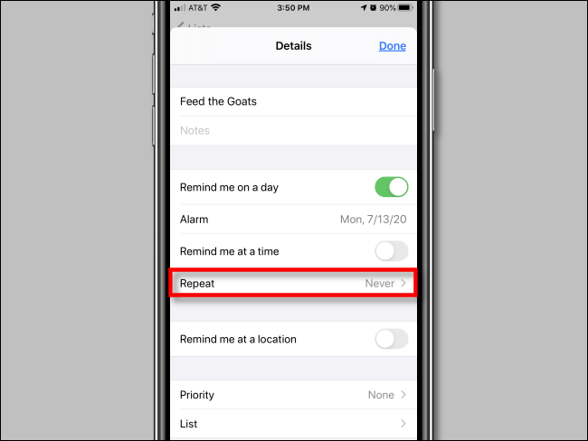 Tippen Sie in den Erinnerungsoptionen in der Erinnerungs-App auf dem iPhone auf Wiederholen
