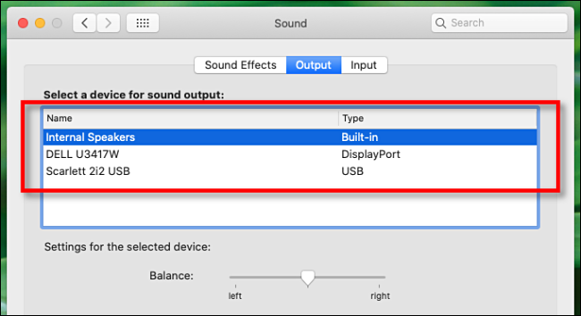 Seleziona un dispositivo di output audio nelle preferenze Suono sul Mac