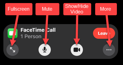 خيارات مكالمات الفيديو بما في ذلك ملء الشاشة وكتم الصوت وإظهار / إخفاء الفيديو والمزيد.