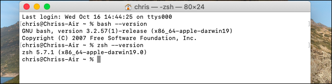Pregledavanje verzija Bash i Zsh na macOS Catalina.