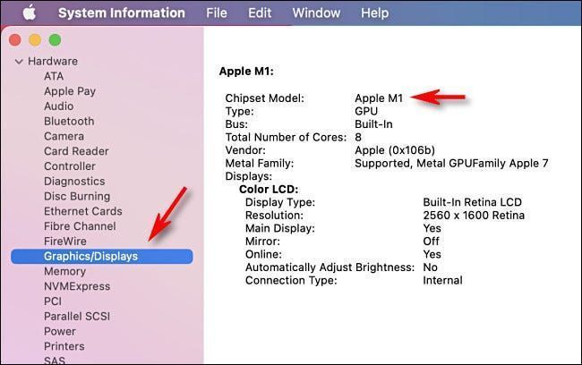 Λεπτομερείς πληροφορίες για τα γραφικά στην εφαρμογή System Information σε ένα Apple Silicon Mac.