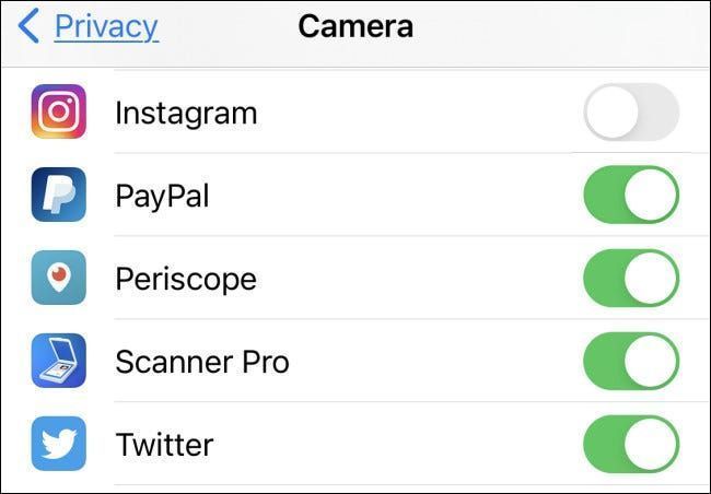 قائمة أمثلة لتطبيقات iPhone التي يمكنها الوصول إلى الكاميرا في إعدادات الخصوصية.