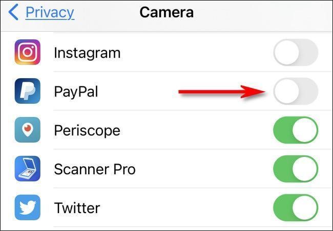 في إعدادات iPhone ، لمنح الوصول إلى الكاميرا أو إبطالها ، انقر فوق المفتاح الموجود بجانب التطبيق في القائمة.