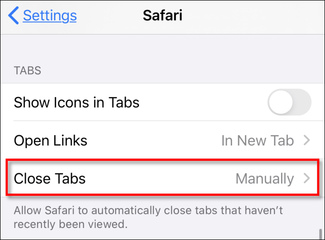 Πατήστε Κλείσιμο καρτελών στις Ρυθμίσεις Safari στο iPhone