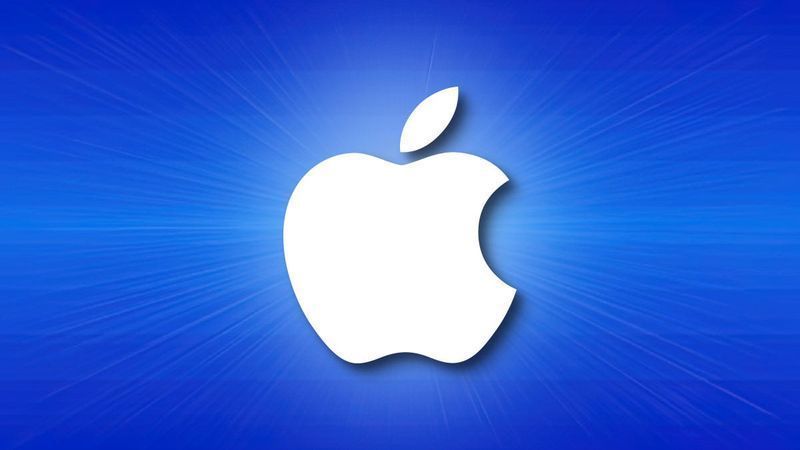 Apple logotips uz zila fona ar horizontālām līnijām