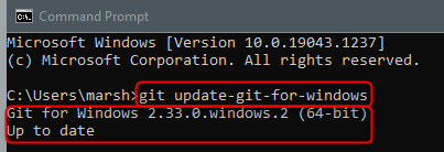Il comando per aggiornare Git su Windows e il messaggio di successo.