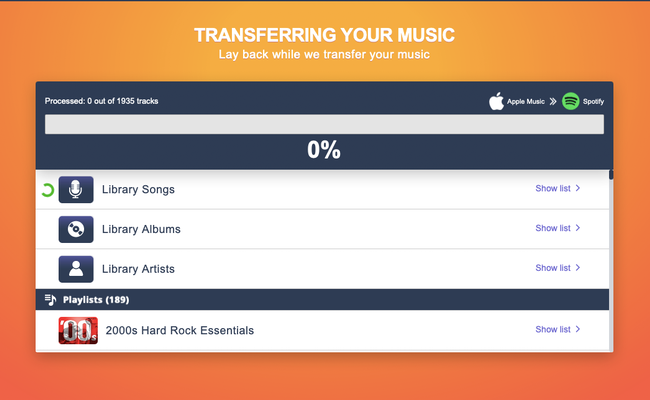 Tune My Music आपकी Apple Music प्लेलिस्ट को Spotify पर ले जा रहा है।