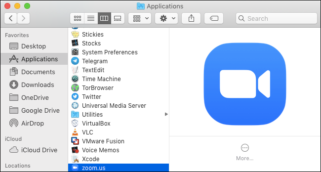 Applicazione Zoom nella cartella Applicazioni Mac