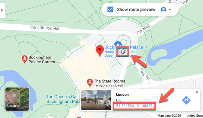 De coördinaten voor Buckingham Palace, Londen, weergegeven op de Google Maps-website
