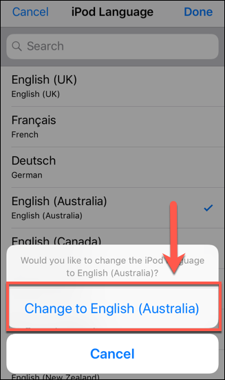 Seleccione un idioma, luego toque la opción Cambiar a para confirmar el cambio en iOS