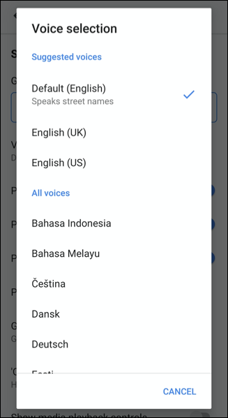 Seleccione una nueva voz en el menú de selección de voz en Google Maps