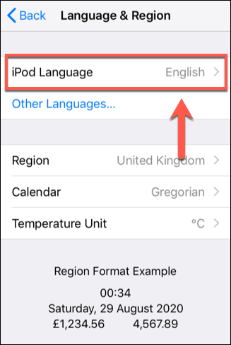 Toque la opción Idioma para su dispositivo iOS en el menú Idioma y región