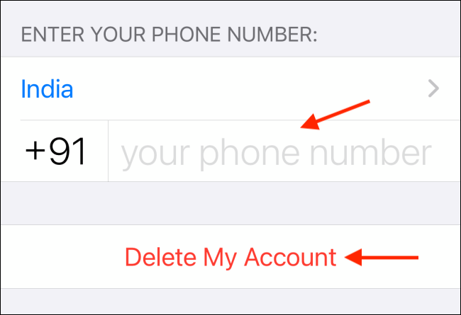 أدخل الرقم واضغط على حذف حسابي في WhatsApp لأجهزة iPhone