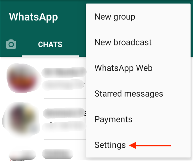 انقر فوق خيار الإعدادات من القائمة في WhatsApp لنظام Android