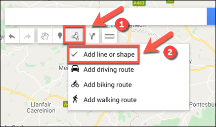 Press Draw a Line>Добавете линия или форма, за да започнете да добавяте линия или форма към вашата персонализирана карта на Google Maps