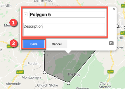 Добавете име и описание към персонализирана форма в редактора на карти на Google Maps, преди да натиснете Save, за да запазите