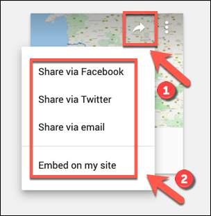 Опциите за социално споделяне за персонализирана карта на Google Maps