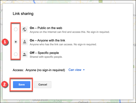 Опциите за споделяне на връзки за персонализирана карта на Google Maps