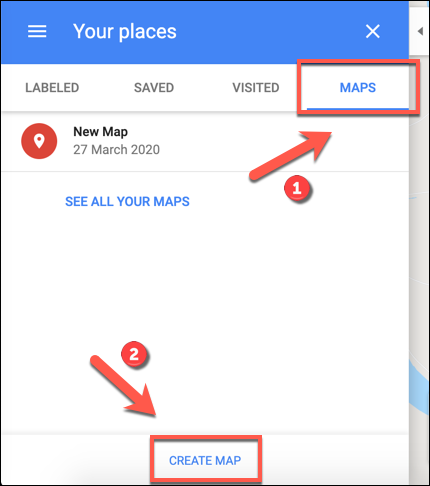 Щракнете върху Създаване на карта, за да започнете да създавате персонализирана карта на Google Maps