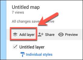 Натиснете Добавяне на слой, за да добавите персонализиран слой към персонализирана карта на Google Maps